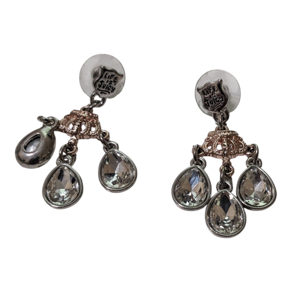 Juicy Couture Dangle Earrings Teardrop Rhinestone Silver Tone Drop Earrings‎